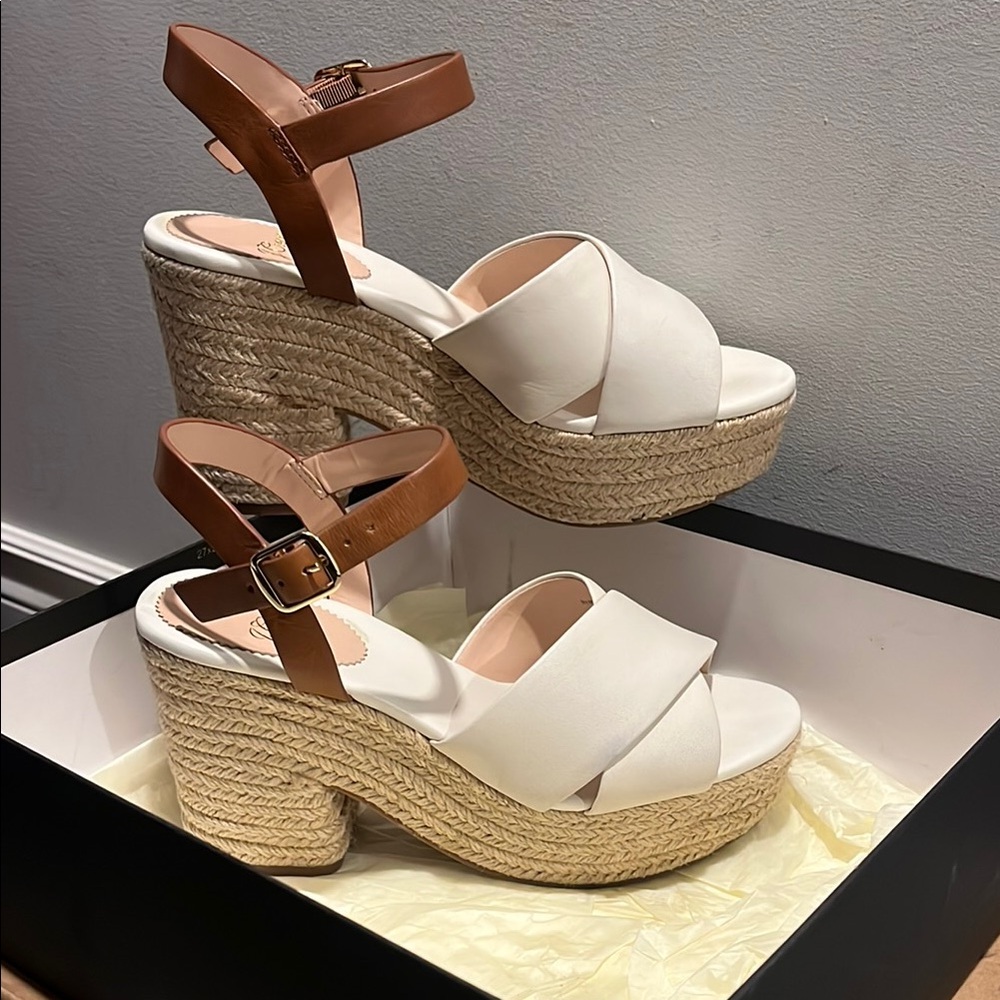 J. Crew White and Brown Espadrille Wedges
